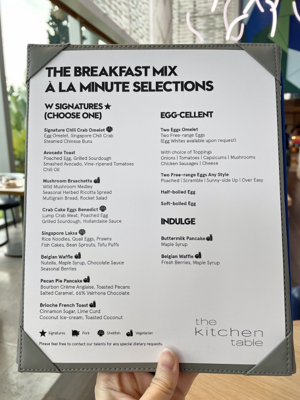Breakfast a la minute menu at The Kitchen Table restaurant at W Hotel Sentosa Cove