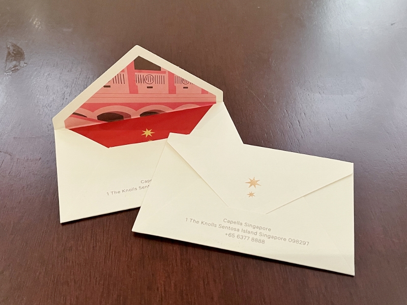 Keycards in cute little envelopes at Capella Hotel