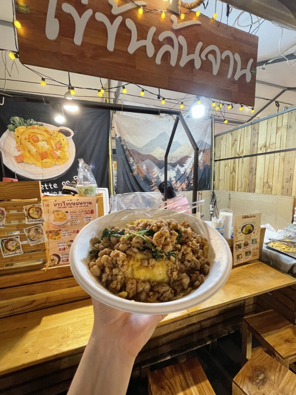 Creamy omelette on rice with stir fried basil pork from Jodd Fairs Night Market (Rama 9)