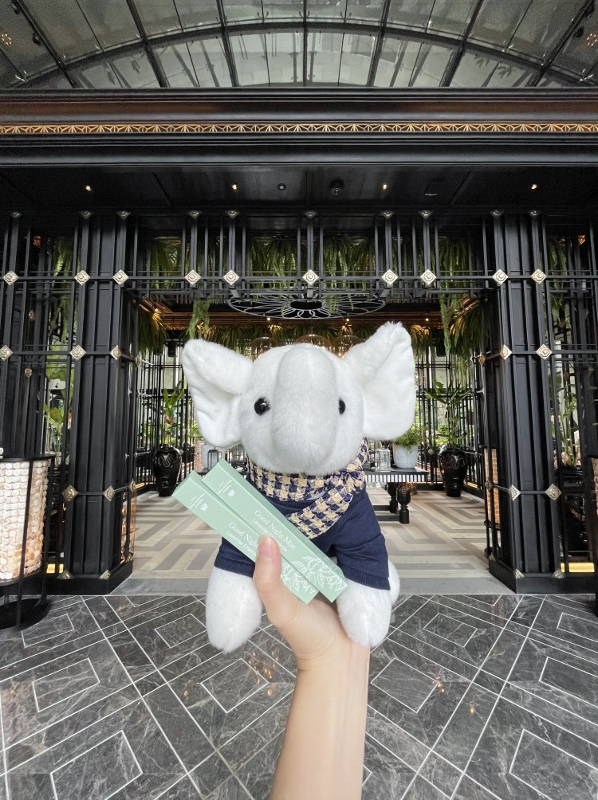 An elephant stuffed toy and two bottles of lavender pillow mist from Sindhorn Kempinski Hotel