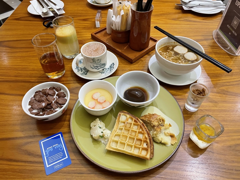 Buffet breakfast dishes from Makan Kitchen restaurant at DoubleTree By Hilton Hotel