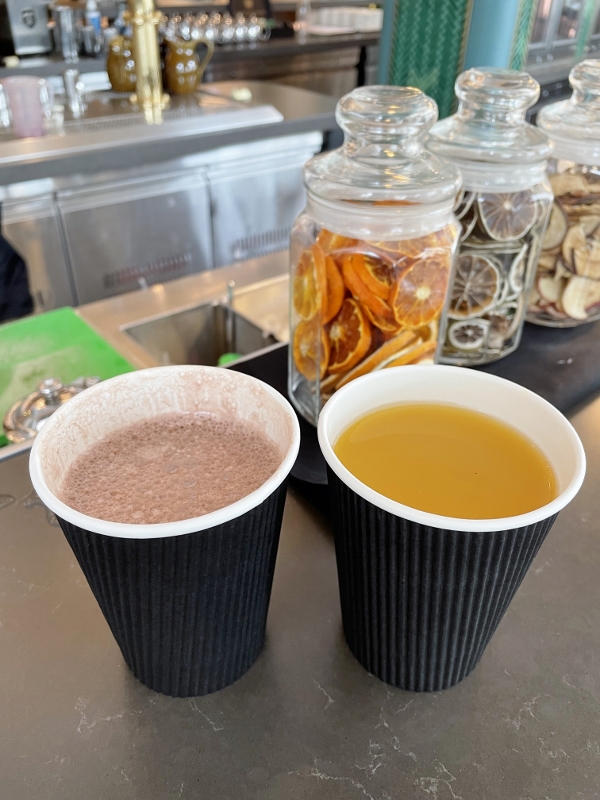 Hot chocolate and apple-orange juice mix drinks from Prego restaurant at Fairmont Hotel