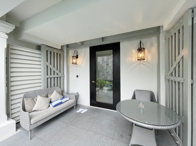 Patio at Premier Room Pool Access at The Barracks Hotel