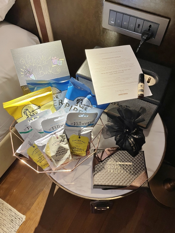 A bottle of lavender pillow mist, a bath bomb and Awfully Chocolate gorgeous chocolate truffles from turndown service at The Barracks Hotel