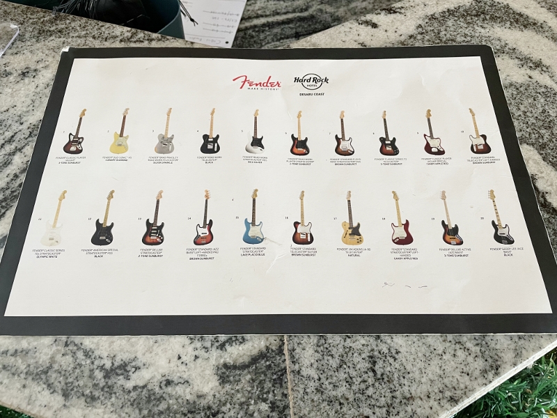 Fender guitar menu from The Sound Of Your Stay experience at Hard Rock Hotel Desaru Coast