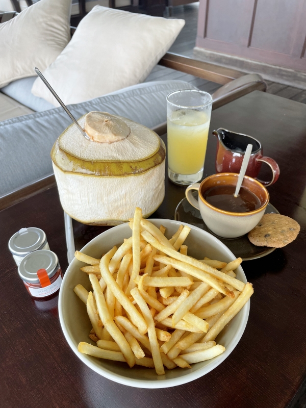 Fries, coffee and fresh coconut juice from Observatory Bar at Anantara Desaru Coast Resort & Villas