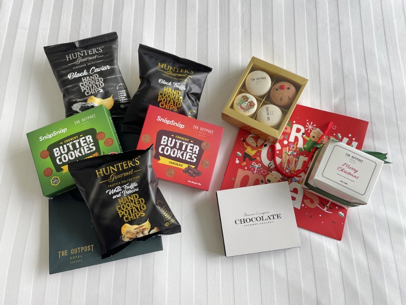 Mini-bar snacks and Christmas amenities at The Outpost Hotel Sentosa