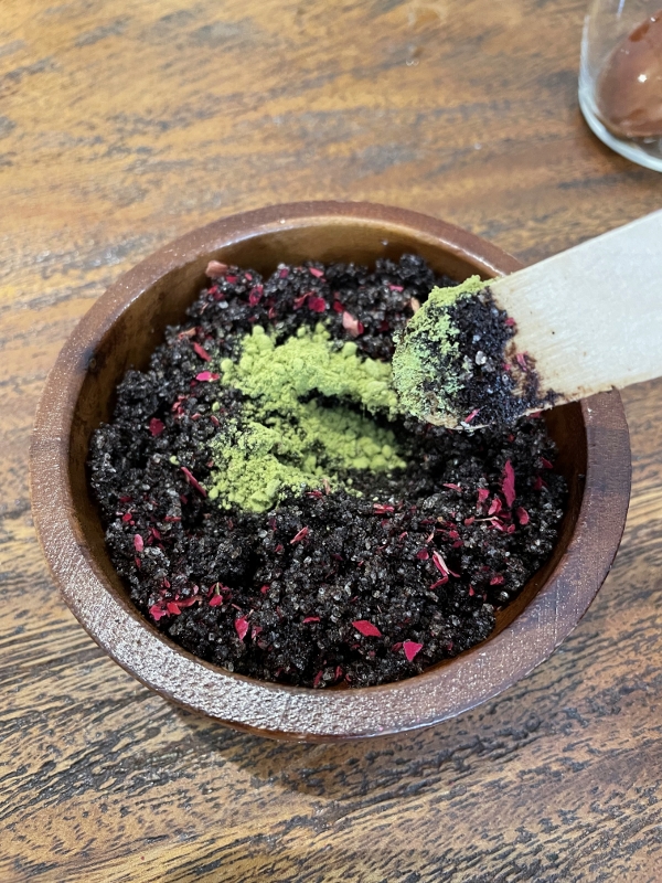 Mixing our body scrubs at the body scrub-making workshop at Oasia Resort Sentosa