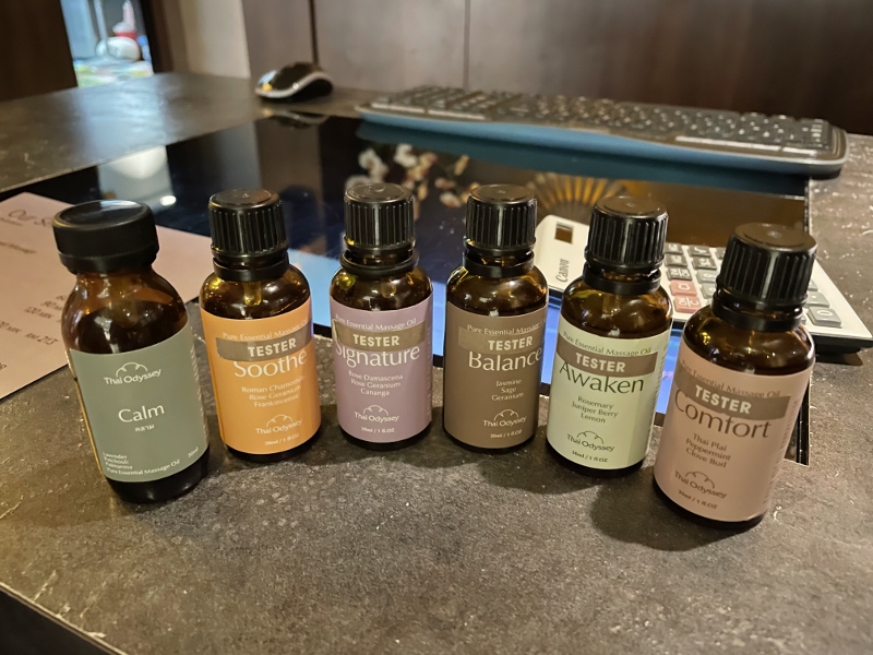 Massage oil bottles at Thai Odyssey Spa at Berjaya Times Square shopping mall