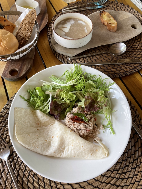 Maldivian fresh tuna salad and wild porcini mushroom soup from Latitude 5.5 restaurant and bar at Mövenpick Resort Kuredhivaru