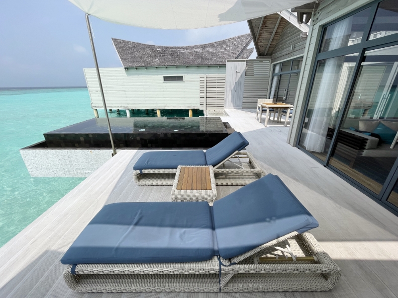 Outdoor deck and private swimming pool at Overwater Pool Villa Ocean at Mövenpick Resort Kuredhivaru