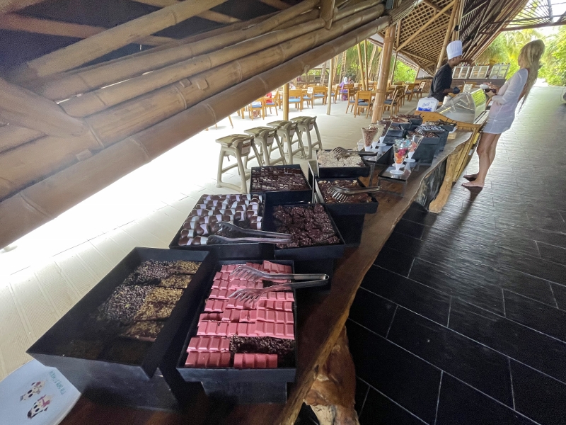 Chocolate Hour desserts on display at ONU Marche restaurant and bar at Mövenpick Resort Kuredhivaru