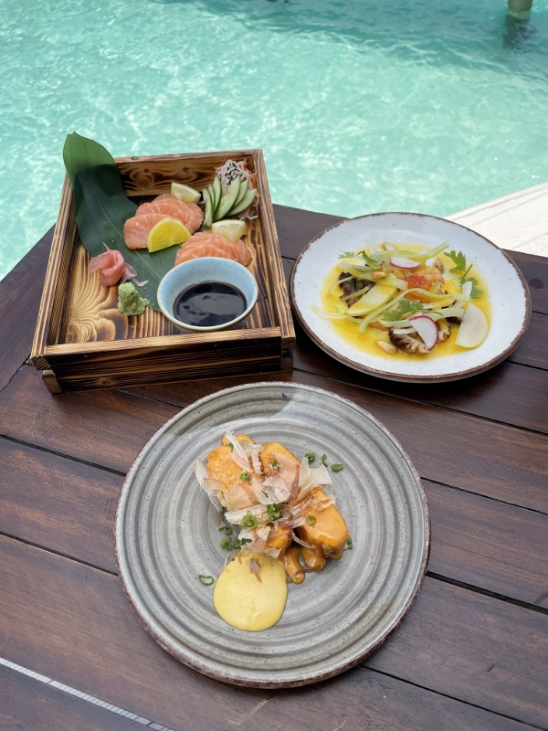 Salmon sashimi, seafood ceviche and chicken katsu from Bodumas restaurant at Mövenpick Resort Kuredhivaru