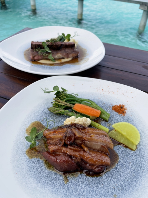 Roasted duck breast and angus beef striploin from Bodumas restaurant at Mövenpick Resort Kuredhivaru