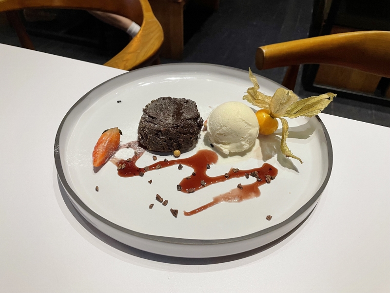 Warm chocolate lava cake with vanilla ice cream from The Nest restaurant at Dusit Thani Laguna Hotel