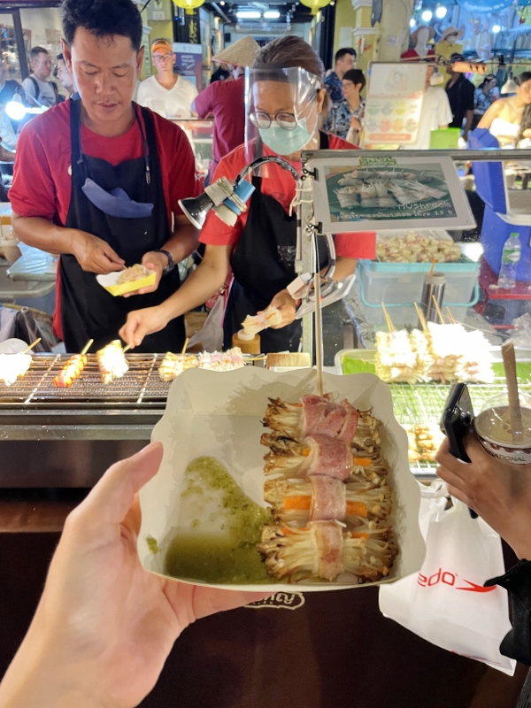 Grilled enoki mushroom and bacon at Lard Yai Sunday Walking Street Market