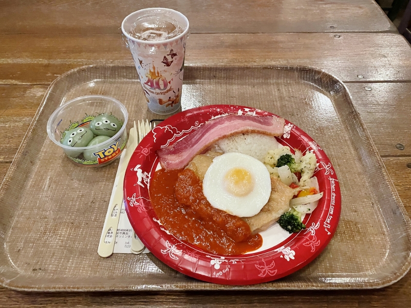 Green alien mochi, baked chicken set meal with kirin apple tea soda at Yucatan Base Camp Grill at Tokyo DisneySea