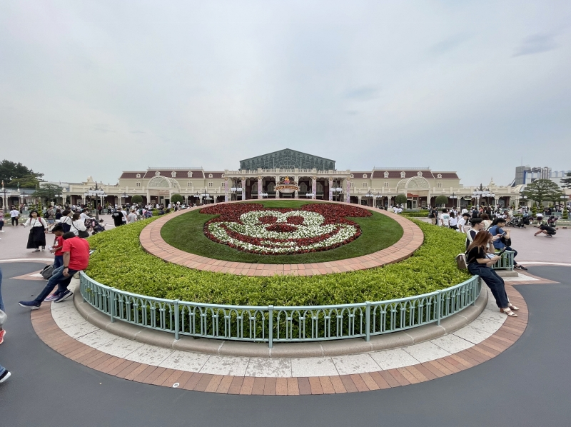 Mickey Mouse garden display at the entrance of Tokyo Disneyland