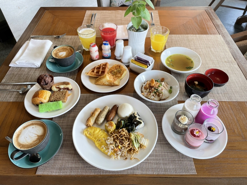 Breakfast buffet dishes from Karang restaurant at AYANA Segara Bali Hotel