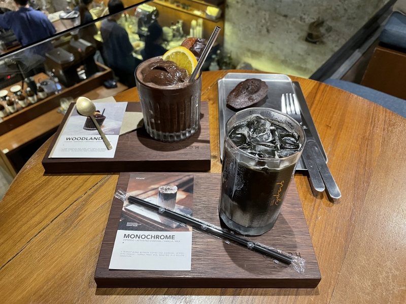 Monochrome coffee, Woodlands chocolate and chocolate madeleine from Graph Coffee Co Cafe