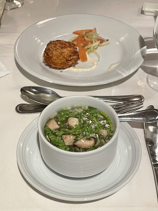 Crispy crab cake and Asian style chicken soup from Main Dining Room restaurant on Royal Caribbean Spectrum Of The Seas