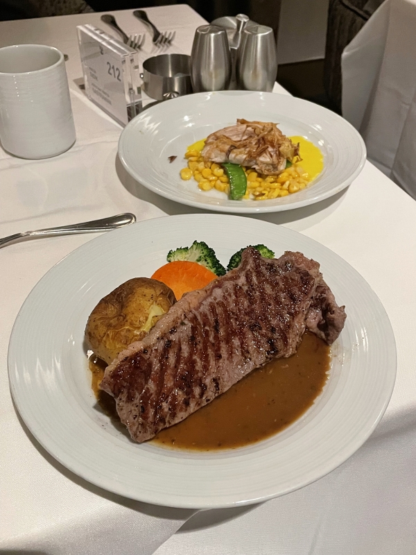 Pan roasted fish fillet and New York strip steak from Main Dining Room restaurant on Royal Caribbean Spectrum Of The Seas