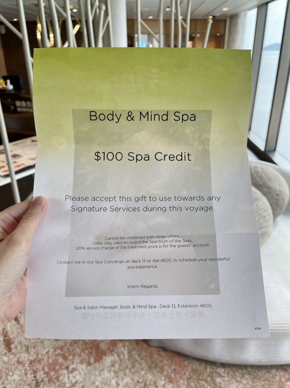 $100 spa credit from Body & Mind Wellness Centre on Royal Caribbean Spectrum Of The Seas