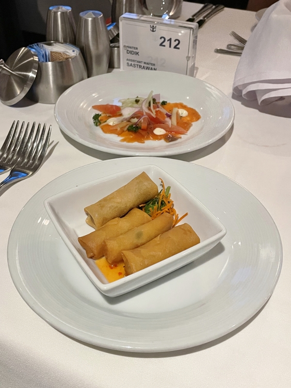 Spring rolls and salmon gravlax from Main Dining Room restaurant on Royal Caribbean Spectrum Of The Seas