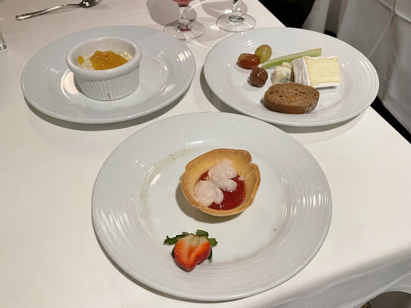 Lychee tart, mango tapioca pearls and artisan cheese plate from Main Dining Room restaurant on Royal Caribbean Spectrum Of The Seas