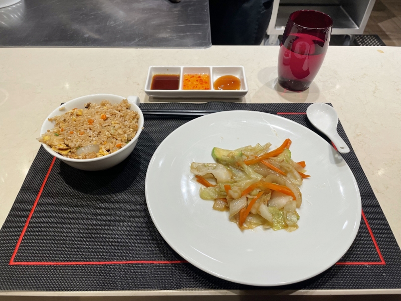 Vegetable fried rice and fried vegetables from Izumi Teppanyaki restaurant on Royal Caribbean Spectrum Of The Seas