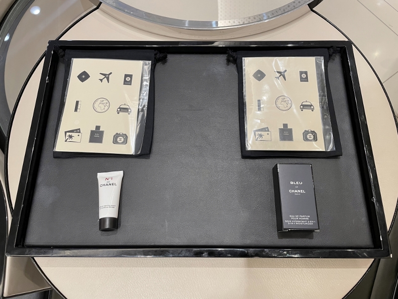 Stickers and product samples from Chanel Beauty Lounge at Changi Airport Terminal 3